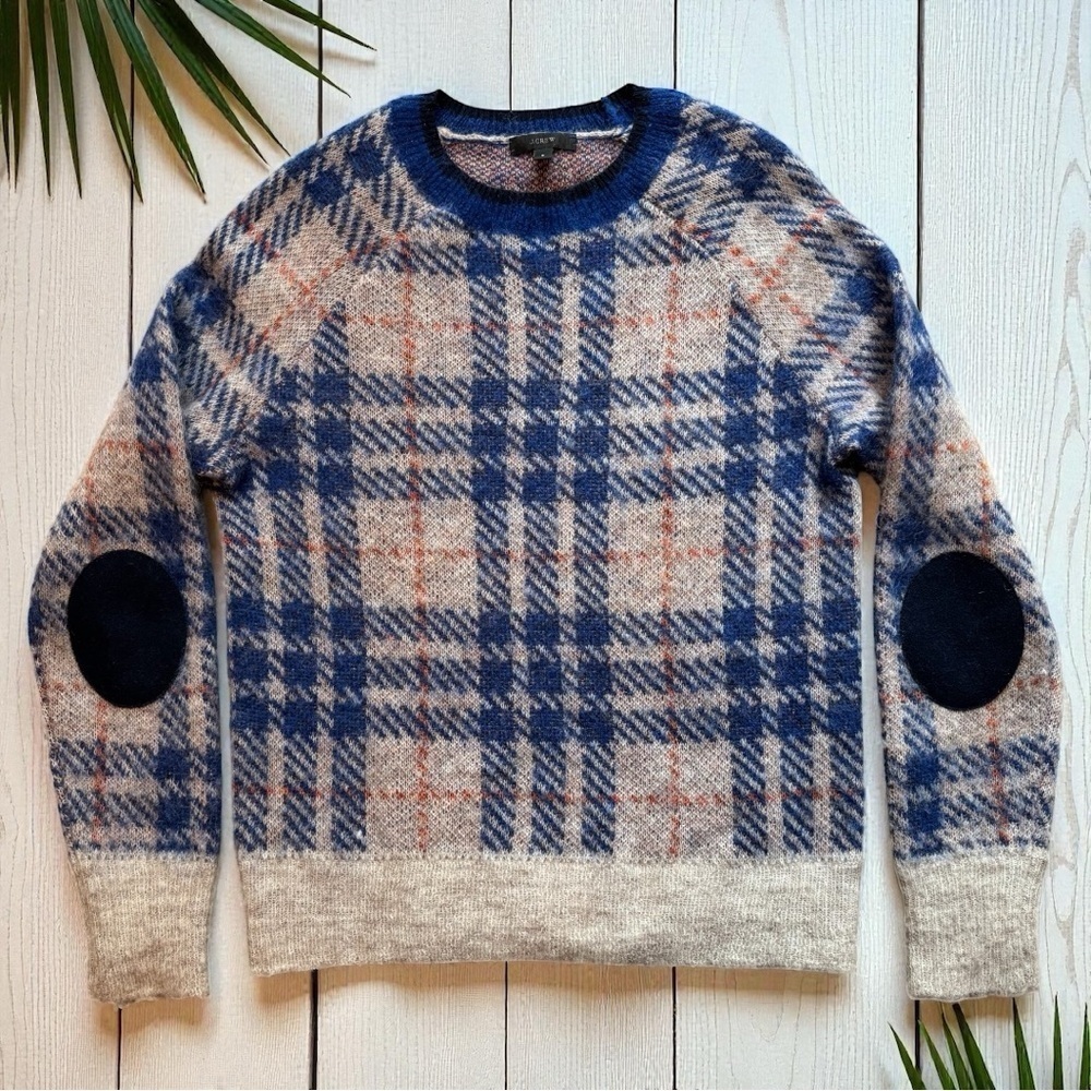 J.CREW Plaid Wool Mohair Blend Sweater w/ Elbow Patches – Size Small